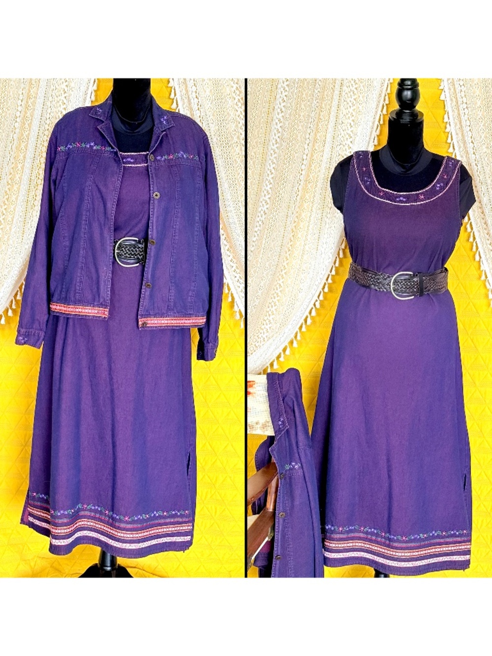 VTG 90s Agapo Boho Teachercore Purple Denim Embroidered Midi Dress Set Sz M-L